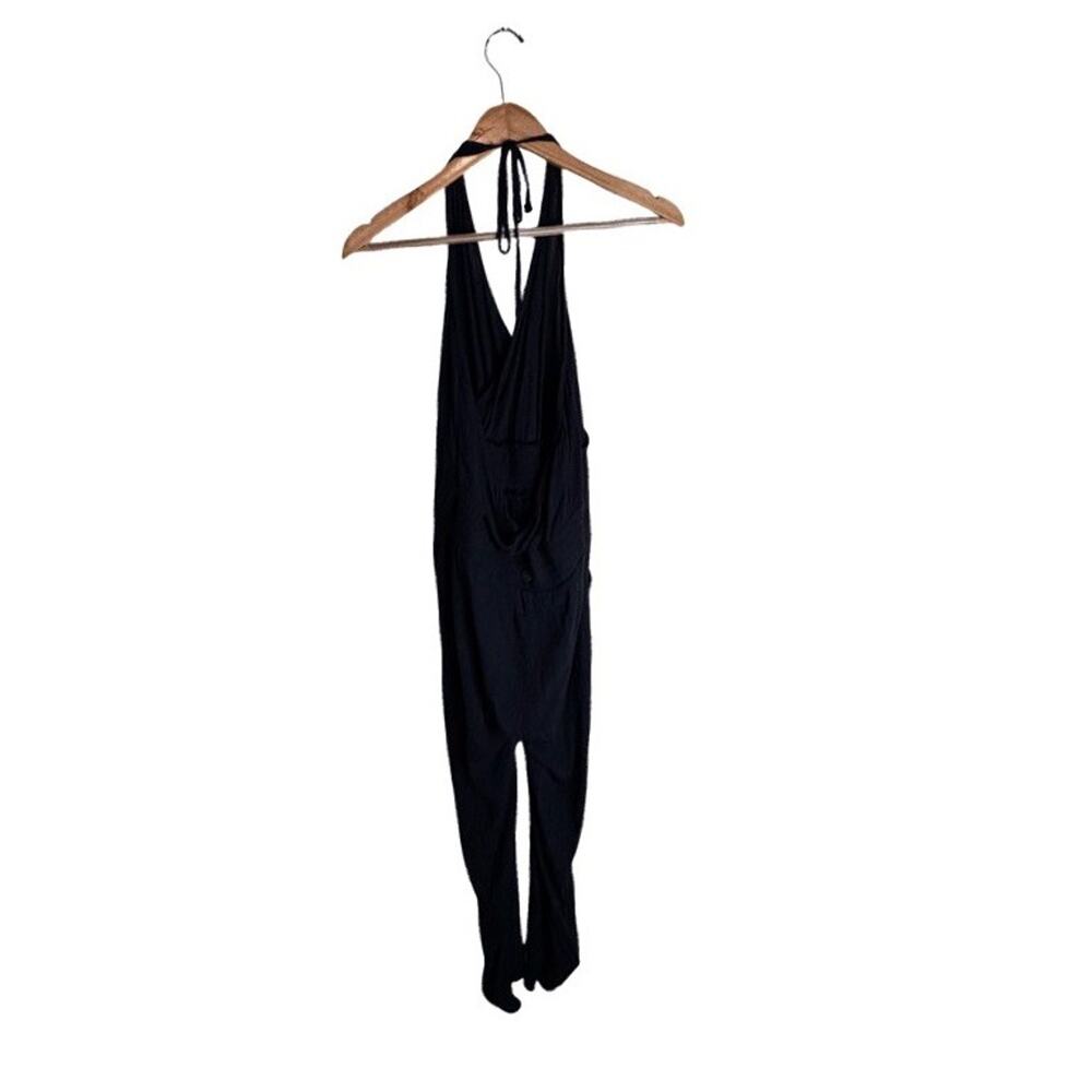 PrANa Fernie Halter Jumpsuit Black Tie Neck Wide Leg Size Large Pockets Smocked - Picture 5 of 9